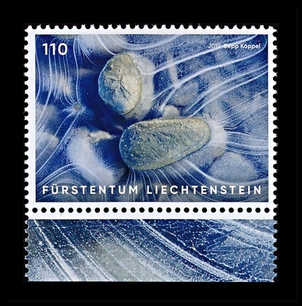 Item no. S703 (stamp)
Type: stamp
Country: Liechtenstein
Date of issue: 2019
Catalog number:
Stamp (II), of a 3-stamp set presenting works of SEPP KÖPPEL (b. 1947), art photographer interested in architecture and nature. It shows reproduction of a photograph “Stone islands”.
Item no. S703 (stamp).jpg