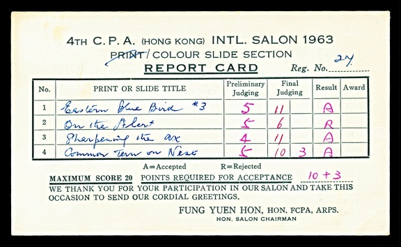 Item no. P2557b (postcard)
Type: cover
Country: Hong Kong
Date of use: 1963
Business stationery (postcard, back of) used by the company (CPA) THE CHINESE PHOTOGRAPHIC ASSOCIATION OF HONG KONG in Hong Kong. The card served as a notification to participants of the score given by the judges to the color slides submitted for the 4th CPA (Hong Kong) Intl. Salon 1963 (color slide section) exhibition.
Item no. P2557b (postcard).jpg