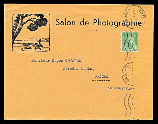 Item no. P2560a (cover)
Type: cover
Country: France
Date of use: 25 May 1939
Business stationery (cover) used by the SALON de PHOTOGRAPHIE in Juan-les-Pins (France).
Item no. P2560a (cover).jpg