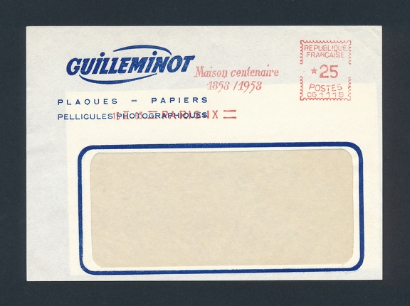 Item no. P2651 (cover)
Type: cover
Country: France
Date of use: 15 February 1963
Business stationery (cover, front part of) used by the company R. GUILLEMINOT BOESPFLUG et Cie. in Paris (France), manufacturer of photographic plates and papers. The company was established in 1858 by Gustave Guilleminot, and existed until 1994.
Item no. P2651 (cover).jpg