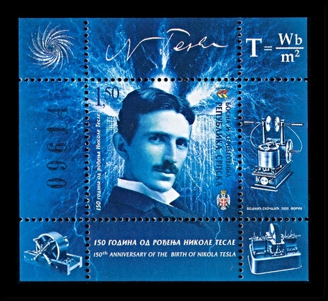 Item no. S717 (stamp)
Type: stamp
Country: Serbia - Bosna and Hercegovina
Date of issue: 2006
Catalog number:
Stamp, in form of a souvenir sheet, issued to honor the 150th anniversary of birth of NIKOLA TESLA (1856 – 1943), Serbia-born American inventor. It shows picture of him (reversed sides) based upon photograph taken in New York (c:a 1890) by Napoleon Sarony (1821 - 1896), American portrait photographer and lithographer.
Item no. S717 (stamp).jpg
