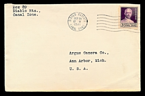 Item no. P2678 (cover)
Type: cover
Country: Panama Canal Zone
Date of use: 20 September 1941
Cover of a letter from Diablo Heights in Panama, addressed to → ARGUS Camera Co. in Ann Arbor (Michigan, USA).
Item no. P2678 (cover).jpg
