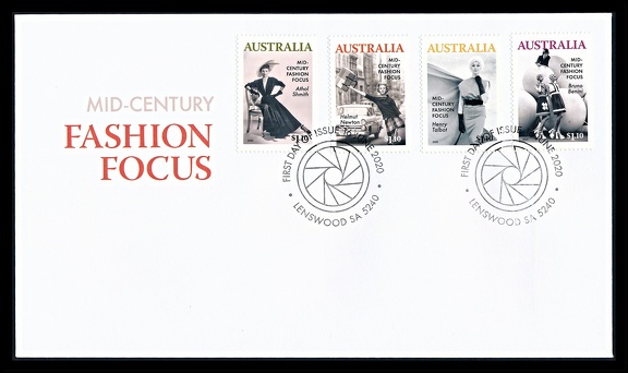 Item no. P2697 (cover)
Type: cover
Country: Australia
Date of issue: 16 June 2020
FDCover “Mid-century FASHION FOCUS”, issued to commemorate deceased Australian fashion photographers of 1950s and 1960s – Athol Shmith (1914 – 1990), Helmut Newton (1920 – 2004), Henry Talbot (1920 – 1999) and Buno Benini (1925 – 2001).
Item no. P2697 (cover).jpg