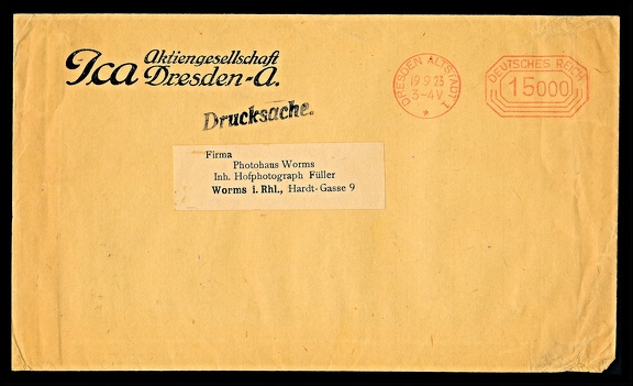 Item no. P2721 (cover)
Type: cover
Country: Germany
Date of use: 19 September 1923
Business stationery (cover) used by the company ICA Aktiengesellschaft in Dresden (Germany), manufacturer of cameras and accessories. The company appeared on market in 1909 as a merger of four earlier camera makers – Hüttig A.G. of Dresden, Kamerawerk Dr. Krügener of Frankfurt/M., Wünsche A.G. of Reick (near Dresden) and Carl Zeiss Palmos A.G. of Jena.
Item no. P2721 (cover).jpg