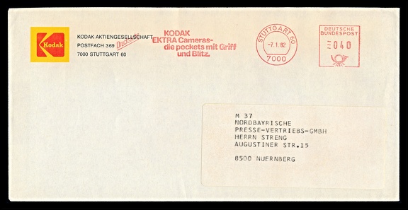 Item no. P2733 (cover)
Type: cover
Country: Germany
Date of use: 30 August 1982
Business stationery (cover) used by the company KODAK Aktiengesellschasft in Stuttgart (Germany), a branch of the Eastman Kodak Co. of Rochester (New York, USA), manufacturer of cameras. The red meter advertises Kodak EKTRA cameras - small pocket cameras with attachable handle and flash unit. They were manufactured in the 1980s.
Item no. P2733 (cover).jpg