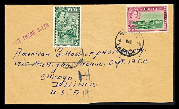 Item no. P2737 (cover)
Type: cover
Country: Fiji
Date of use: 8 March 1955
Cover of a letter sent to American SCHOOL of PHOTOGRAPHY in Chicago (Illinois, USA).
Item no. P2737 (cover).jpg