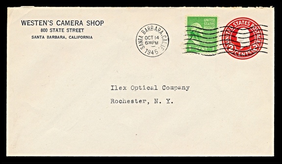 Item no. P2799 (cover)
Type: cover
Country: USA
Date of use: 14 October 1945
Business stationery (cover) used by the company WESTEN's CAMERA SHOP in Santa Barbara (California, USA), photographic store offering lighting equipment, cameras, and especially view cameras. The letter was addressed to the company ILEX OPTICAL Company in Rochester (New York, USA), manufacturer of photographic shutters and lenses for view cameras.
Item no. P2799 (cover).jpg