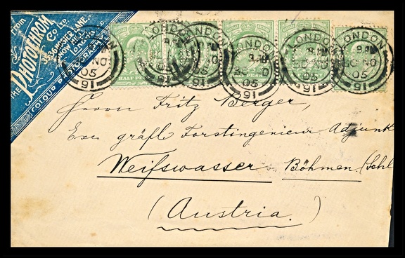 Item no. P2808 (cover)
Type: cover
Country: Great Britain
Date of use: 30 November 1905
Business stationery (cover) used by the company PHOTOCHROM Co. Ltd., in London (Great Britain), a division of the company PHOTOCHROM, producer of B/W and color postcards, that was based in Zurich (Switzerland). The company was established in 1895. It used a revolutionary process whereby black-and-white photographs were overprinted by multi-color lithography, with up to fourteen different ink colors being applied in sequence to produce what the company claimed was natural color photography . It rapidly rivalled the existing black-and-white or stereo photographs but was then overtaken by tinted photographic postcards which were much cheaper to produce. The stamps used are “perfins” i. e. stamps bearing small round holes punched to form pattern of an acronym of the company’s name PCL (for Photochrom Company Limited).
Item no. P2808 (cover).jpg