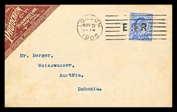 Item no. P2807 (cover)
Type: cover
Country: Great Britain
Date of use: 21 November 1905
Business stationery (cover) used by the company PHOTOCHROM Co. Ltd., in London (Great Britain), a division of the company PHOTOCHROM, producer of B/W and color postcards, that was based in Zurich (Switzerland). The company was established in 1895. It used a revolutionary process whereby black-and-white photographs were overprinted by multi-color lithography, with up to fourteen different ink colors being applied in sequence to produce what the company claimed was natural color photography . It rapidly rivalled the existing black-and-white or stereo photographs but was then overtaken by tinted photographic postcards which were much cheaper to produce. The stamp used is a “perfin” i. e. stamp bearing small round holes punched to form pattern of an acronym of the company’s name PCL (for Photochrom Company Limited).
Item no. P2807 (cover).jpg