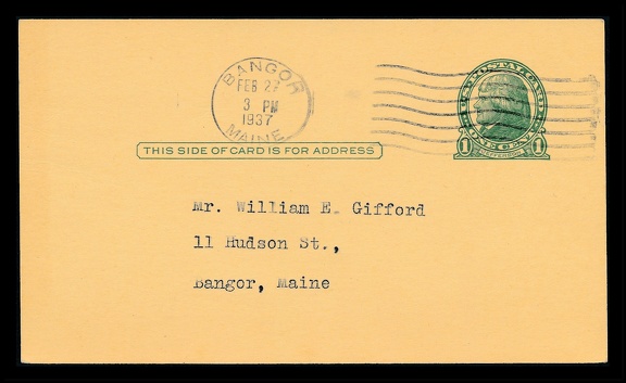 Item no. AP137a (ad postcard)
Type: cover
Country: USA
Date of use: 27 February 1937
Postcard (front of) used to advertise discount offers for graduation photographs to be made of students by PERRY STUDIO in Bangor (Maine, USA).
Item no. AP137a (ad postcard).jpg