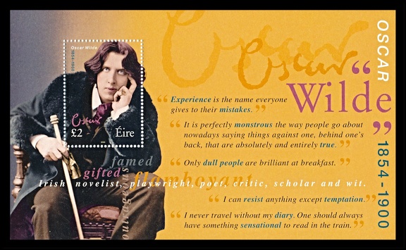 Item no. S731 (stamp)
Type: stamp
Country: Ireland
Date of issue: 22 May 2000
Catalog number: Scott no. 1237
Stamp, in form of a souvenir sheet, issued to honor Irish poet and playwright Oscar Wilde (1854 – 1900) in centenary of death. It shows reproduction of a photographic portrait taken in 1892 by NAPOLEON SARONY (1821 - 1896), American portrait photographer and lithographer.
There are some of his famous quotes cited at the margin.
Item no. S731 (stamp).jpg