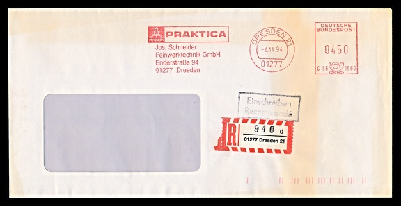 Item no. M598 (meter)
Type: frankmark
Country: Germany
Date of use: 4 November 1994
Red meter on registered cover, advertising both the company and its product. The camera PRAKTICA now in the hands of a reputable company – JOS. SCHEIDER Feinwerktechnik GmbH in Dresden (Germany).
Item no. M598 (meter).jpg