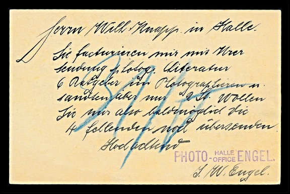 Item no. P2965b (postcard)
Type: cover
Country: Switzerland
Date of use: 26 May 1913
Business stationery (postcard, back of) used by the studio PHOTO ENGEL in Bern (Switzerland). It was addressed to Wilhelm Knapp Verlagsanstalt in Halle (Germany).
The company Wilhelm KNAPP Photograpische Verlagsgesellschaft m.b.H. in Halle (Saale, Germany), was publishing house and bookstore specialized in publications on photography (in the DDR-time renamed to VEB Fotokinoverlag Halle).
The message concerns thanks for the provided two copies of a photography manual, and a request for sending four more.
Item no. P2965b (postcard).jpg