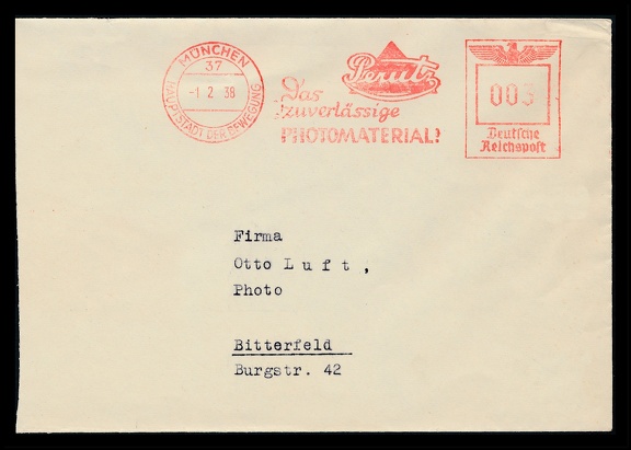 Item no. M603 (meter)
Type: frankmark
Country: Germany
Date of use: 23 April 1937
Red meter on cover advertising the company PERUTZ in Munich (München, Germany), manufacturer of photographic films, plates and sheets.
Item no. M603 (meter).jpg