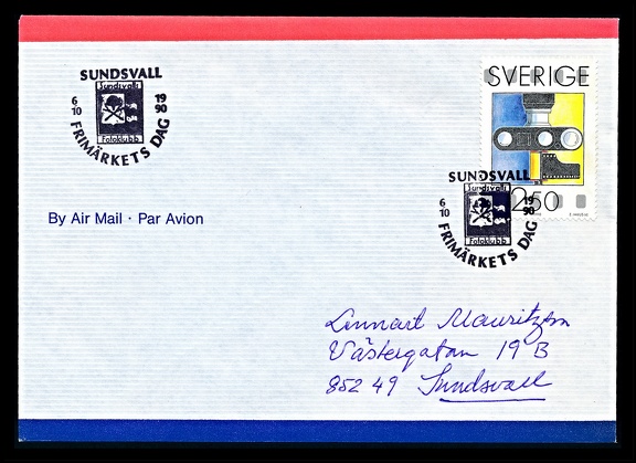 Item no. C292 (cancel)
Type: cancel
Country: Sweden
Date of use: 6 October 1990
Special cancel (on cover) used by FOTOKLUBB in Sundsvall (Sweden) to commemorate the 150th ANNIVERSARY OF PHOTOGRAPHY in Sweden - one of about 100 different cancels used that day in various towns by photographic clubs.
Item no. C292 (cancel).jpg