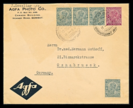 Item no. P3068 (cover)
Type: cover
Country: India
Date of use: 19 October 1929
Business stationery (cover) used by the company AGFA PHOTO Co. in Bombay (India), sales office of the German company AGFA A.G.
Item no. P3068 (cover).jpg