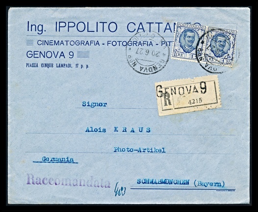 Item no. P3149 (cover)
Type: cover
Country: Italy
Date of use: 20 June 1927
Business stationery (cover) used by the company Ing. IPPOLITO CATTANEO in Genova (Italy), dealer with photographic equipment. This historical company, established in 19th century, used to deal with photographic equipment from the beginning of 20th century. Cameras of various makers were often sold under the Cattaneo brand name. It also published books and manuals on photography. There were manufactured some types of cameras for amateurs e.g. ICC N. 1 or “Monitor”.
Item no. P3149 (cover).jpg