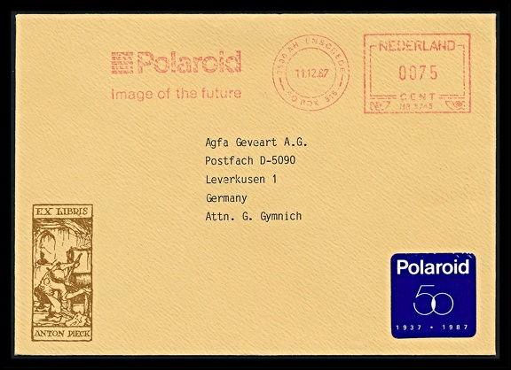 Item no. P3155 (cover)
Type: cover
Country: The Netherlands
Date of use: 11 December 1987
Business stationery (cover) used by a photographic (Polaroid) dealer in Enschede (The Netherlands).
Item no. P3155 (cover).jpg