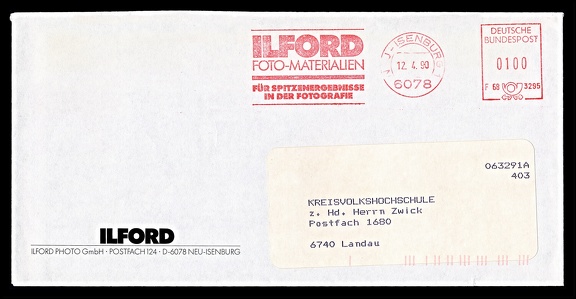 Item no. P3176 (cover)
Type: cover
Country: Germany
Date of use: 12 April 1990
Business stationery (cover) used by the company ILFORD PHOTO G.m.b.H in Neu-Isenburg (Germany), representative of the company ILFORD Ltd. of London (Great Britain), manufacturer of films, papers, chemicals for cinematography and photography, and (earlier) also several types of photographic cameras (made by other manufacturers but sold under Ilford brand name).
Item no. P3176 (cover).jpg