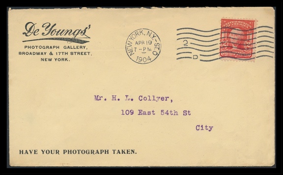Item no. P3260 (cover)
Type: cover
Country: USA
Date of use: 19 April 1904
Business stationery (cover) used by the company DE YOUNG’s Photograph Gallery in New York (New York, USA), photographic studio. It was established by Joseph DeYoung (1843 – 1919), and it was in operation at least from 1884, when it was mentioned in local press at the Broadway address.
Item no. P3260 (cover).jpg