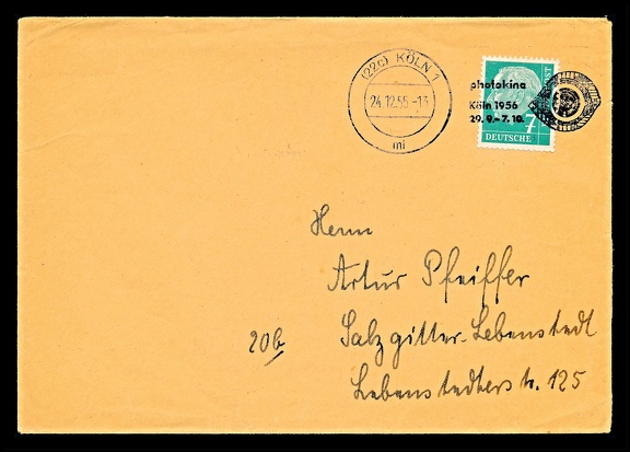 Item no. C307 (cancel)
Type: cancel
Country: Germany
Date of use: 24 December 1955
Cover with special cancel PHOTOKINA 56, informing of international trade fair of photography in Cologne (Köln, Germany), to be open 29 September – 7 October 1956. This was the fifth fair as the first one had place in 1950 and was devoted exclusively to German companies to promote the German photographic industry. In April 1952 there was the third and final annual Photokina, it then went biennial, with a gap March 1963 – October 1966.
Item no. C307 (cancel).jpg
