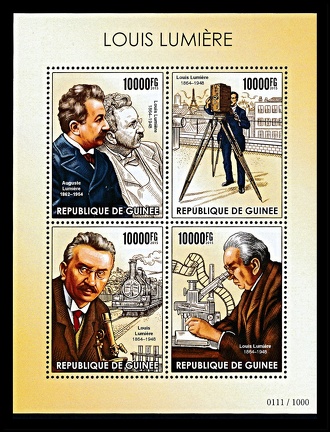 Item no. S780 (stamp)
Type: stamp
Country: Guinea
Date of issue: 2015
Catalog number:
A 4-stamp set in form of a souvenir sheet issued to honor LOUIS LUMIERE (1864 – 1948), French chemist, one of the inventors of cinema, and of the first commercially successful photographic color process and material Autochrome. Louis Lumiere is presented on 3 stamps, and on 1 he is shown with his brother Auguste (1862 – 1954).
Item no. S780 (stamp).jpg