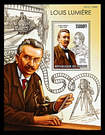 Item no. S781 (stamp)
Type: stamp
Country: Guinea
Date of issue: 2015
Catalog number:
A 1-stamp souvenir sheet issued to honor LOUIS LUMIERE (1864 – 1948), French chemist, one of the inventors of cinema, and of the first commercially successful photographic color process and material Autochrome. He is shown with his brother Auguste (1862 – 1954).
Item no. S781 (stamp).jpg