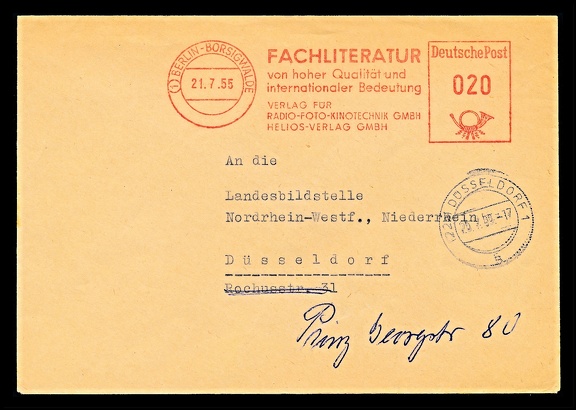 Item no. P3489a (cover)
Type: cover
Country: Germany
Date of use: 21 July 1955
Business stationery (cover, front of, with red advertising meter) used by the company VERLAG für RADIO-FOTO-KINOTECHNIK GmbH/HELIOS-VERLAG GmbH in Berlin (Germany), publisher of educational and scientific publications, also those on photography, for example: “Farbenphotographie. Ein Lehrbuch der neuen Lichtbildkunst” by Hermann J. Lummerzheim; „Photo-Technik und –Wirtschaft”. Organ des Verbandes der Deutschen Photographischen Industrie. Hg. von Karl Weiss; „Wörterbuch der Photo-, Film- und Kinotechnik mit Randgebieten” by Wolfgang Grau; ” Kompendium der Photographie” by Edwin Mutter…
Item no. P3489a (cover).jpg