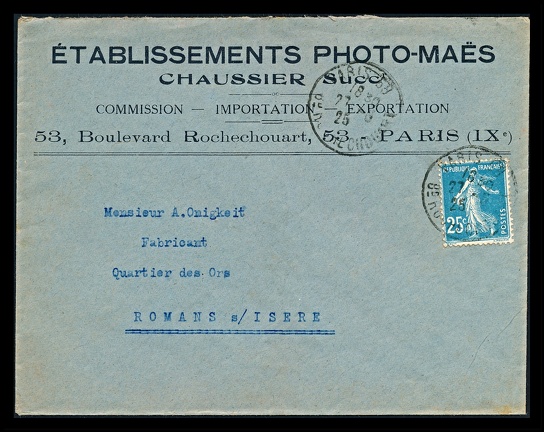 Item no. P3703 (cover)
Type: cover
Country: France
Date of use: 27 June 1925
Business stationery (cover) used by the company ÉTABLISSEMENTS PHOTO-MAËS in Paris (France), photographic wholesale dealer.
Item no. P3703 (cover).jpg