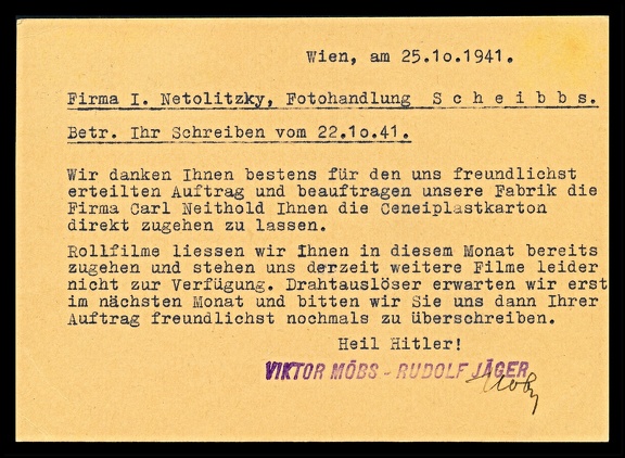 Item no. P3919b (cover)
Type: cover
Country: Austria
Date of use: 25 October 1941
Business stationery (postcard, back of) used by the company VIKTOR MÖBS – RUDOLF JÄGER in Vienna (Wien, Austria), store with photographic materials and equipment.
Item no. P3919b (postcard).jpg