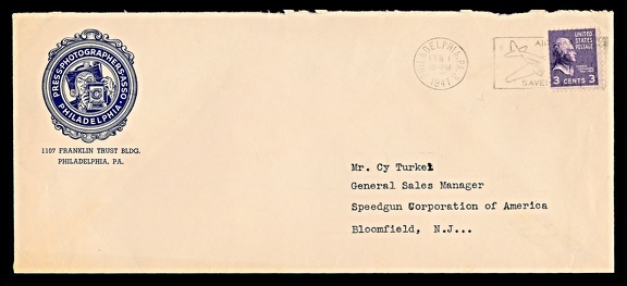 Item no. P3920 (cover)
Type: cover
Country: USA
Date of use: 1 February 1941
Business stationery (cover) used by the PRESS PHOTOGRAPHERS ASSOCIATION in Philadelphia (Pennsylvania, USA).
Item no. P3920 (cover).jpg