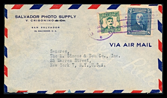 Item no. P3921 (cover)
Type: cover
Country: Salvador
Date of use: 1945
Business stationery (cover) used by the company SALVADOR PHOTO SUPPLY (formerly Crisonino) in San Salvador, photographic store and lab.
Item no. P3921 (cover).jpg