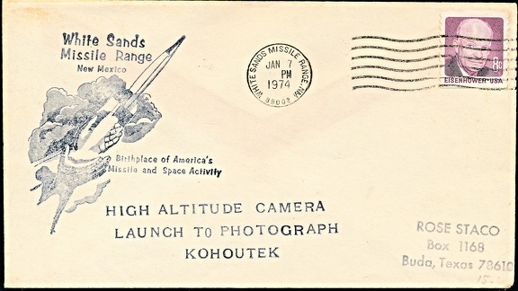 Item no. P3976 (cover)
Type: cover
Country: USA
Date of use: 7 January 1974
Cover commemorating launching from US Army military testing area White Sands Missile Range in New Mexico a high altitude cameras to photograph the KOHOUTEK COMET. The ultraviolet cameras on a sounding rocket observed atomic hydrogen and atomic carbon from the Comet.
Item no. P3976 (cover).jpg