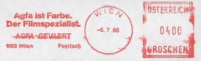 Item no. 133 (meter)
Type: frankmark
Country: Austria
Date of use: 6 July 1988
Meter advertising photographic color materials manufactured by the company AGFA (Agfa-Gevaert, branch in Vienna).
Item_no._133__meter_.jpg