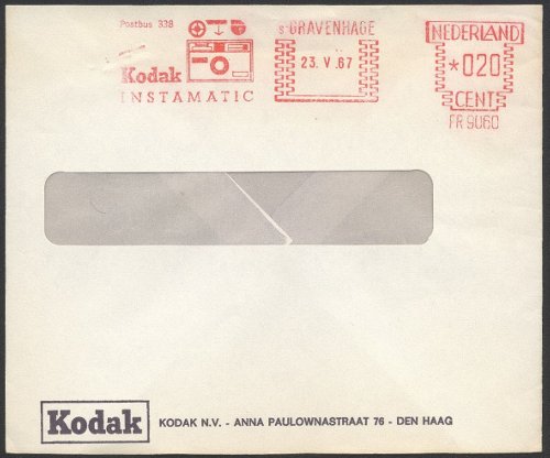 Item no. B21 (meter)
Type: frankmark
Country: The Netherlands
Date of use: May 1967
Meter advertising the company Kodak's Instamatic camera.
Item_no._b21__meter_.jpg