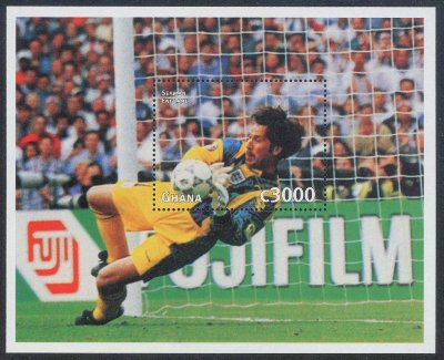 Item no. S22 (stamp)
Type: stamp
Country: Ghana
Date of issue: 12 July 1997
Catalog number: Scott 1974
Souvenir sheet showing David Seaman, England’s goalkeeper in action and, on the margin, a FUJI banner advertising the company FUJIFILM in the background.
Item_no._S22__stamp_.jpg