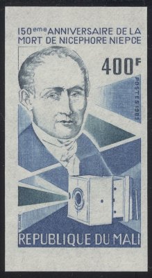 Item no. S185y (stamp)
Type: stamp
Country: Mali
Date of issue: 4 July 1983
Catalog number: Scott 479
Stamp (version imperforate) issued to commemorate the 150th anniversary of death of JOSEPH NICÉPHORE NIÉPCE (1765 – 1833), French inventor of photography.
Item_no._s185y__stamp_.jpg