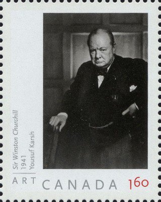 Item no. S139 (stamp)
Type: stamp
Country: Canada
Date of issue: 21 May 2008
Catalog number: Michel 2471 (of 2469 – 2471)
Stamp of a 3-stamp set honoring Canadian portrait photographer YOUSUF KARSH (1908 – 2002) and commemorating Y. Karsh´s 100th anniversary of birth.
The stamp shows reproduction of one of his famous photographic portraits, a portrait of British Prime Minister SIR WINSTON CHURCHILL (1874 – 1965). The stamp´s design is based on the photograph taken by Yousuf Karsh in 1941.
Item_no._s139__stamp_.jpg