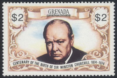 Item no. S141 (stamp)
Type: stamp
Country: Grenada-Grenadines
Date of issue: 8 October 1974
Catalog number: Scott 28
Stamp of a set of two* different stamps issued to commemorate the centenary of birth of Sir Winston Spencer Churchill (1874 – 1965), British Prime Minister. The stamp´s design is based on the photograph taken in 1941 by Canadian photographer Yousuf Karsh (1908 – 2002).
*) The stamps were issued also in form of a 2-stamp souvenir sheet, with changed colors and different values. Item_no._s141__stamp_.jpg