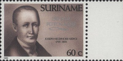 Item no. S28 (stamp)
Type: stamp
Country: Surinam
Date of issue: 6 September 1989
Catalog number: Scott 844 (of 844 – 846)
Set of 3 stamps commemorating the 150th anniversary of photography. The stamp no. 844 (Scott) shows portrait of Nicéphore Niépce (1765 – 1833).
Other stamps of the set also relevant to photography.
Item_no._s28__stamp_.jpg
