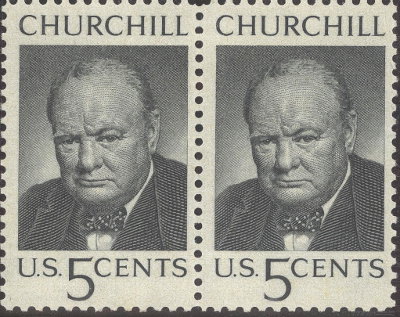 Item no. S104 (stamp)
Type: stamp
Country: USA
Date of issue: 13 May 1965
Catalog number: Scott 1264
Stamp (shown is a pair of the same stamps) issued to commemorate Sir Winston Spencer Churchill (1874 - 1965), British Prime Minister. The stamp's design is based on the photograph taken in 1941 by Canadian photographer Yousuf Karsh (1908 - 2002).
Item_no._s104__stamp_.jpg