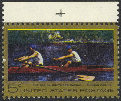 Item no. S106 (stamp)
Type: stamp
Country: USA
Date of issue: 2 November 1967
Catalog number: Scott 1335
Stamp (single) honoring THOMAS EAKINS (1844 – 1916), American (realist) painter, sculptor, photographer and fine arts educator. It shows reproduction of one of his paintings (made upon his own photograph) - The Biglin Brothers Racing and his name.
Item_no._s106__stamp_.jpg