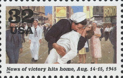 Item no. S108 (stamp)
Type: stamp
Country: USA
Date of issue: 2 September 1995
Catalog number: Scott 2981i (of 2981a-j)
Stamp News of victory hits home, August 14 – 15 1945 issued to honor US victories at the Pacific during WW II. The design is based on a photograph (called V-J Day or V-J Kiss) by German-born American photographer and photojournalist ALFRED EISENSTAEDT (1898 - 1995) taken on 14 August 1945 at New York's Times Square.
The stamp is a part of 10-stamp pane WORLD WAR II .
Item_no._s108__stamp_.jpg