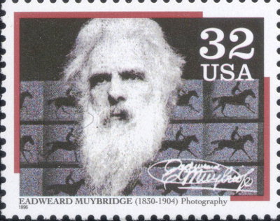 Item no. S86 (stamp)
Type: stamp
Country: USA
Date of issue: 22 February 1996
Catalog number: Scott 3061 (of 3061 – 3064)
Stamp issued to honor American inventors.
Part of a 4-stamp set Pioneers of Communication . It shows portrait of EADWEARD MUYBRIDGE (1830 - 1904), photographer and inventor, regarded as a cinema pioneer.
Item_no._s86__stamp_.jpg