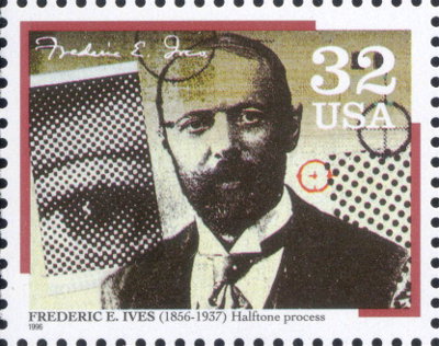 Item no. S87 (stamp)
Type: stamp
Country: USA
Date of issue: 22 February 1996
Catalog number: Scott 3063 (of 3061 – 3064)
Stamp issued to honor American inventors.
Part of a 4-stamp set Pioneers of Communication . It shows portrait of FREDERIC EUGENE IVES (1856 - 1937), inventor of half-tone process and pioneer of color and stereoscopic photography.
Item_no._s87__stamp_.jpg