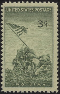 Item no. S99 (stamp)
Type: stamp
Country: USA
Date of issue: 11 July 1945
Catalog number: Scott 929
Stamp (single) issued to honor US victories at the Pacific during WW II. The design is based on a photograph by Associated Press photojournalist JOE ROSENTHAL (1911 - 2006) Raising the US flag on the island Iwo Jima, at the Mount Suribachi taken on 23 February 1945. Joe Rosental was awarded a Pulitzer Prize for this iconic photograph in 1945.
Item_no._s99__stamp_.jpg