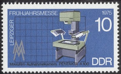 Item no. 36 (stamp)
Type: stamp
Country: DDR (German Democratic Republic)
Date of issue: September 1965
Catalog number: Michel 1130 – 1132, Scott 785 – 787
Stamps issued to commemorate Spring Trade Fair in Leipzig. A 2-stamp set. The stamp no. 2023 shows microfilm camera PENTAKTA A 100.
The other stamp not relevant to photography.
Item_no._36__stamp_.jpg