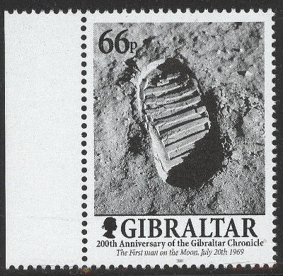 Item no. S145 (stamp)
Type: stamp
Country: Gibraltar
Date of issue: 21 May 2001
Catalog number: Scott 884 (of 881 – 884)
Stamp issued to commemorate anniversary of the first manned Moon landing (Apollo 11 mission). Part of a 4-stamp set “200th - Anniversary of Gibraltar Chronicle”. The stamp (Scott no. 884) shows a reproduction of a photograph taken by the mission commander NEIL ARMSTRONG of a bootprint impressed in the Moon’s dust by EDWIN “BUZZ” ALDRIN, pilot of Lunar Module (LM) “EAGLE”.
Item_no._s145__stamp_.jpg