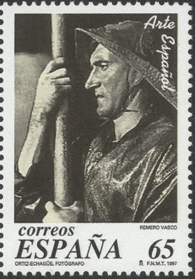 Item no. 111 (stamp)
Type: stamp
Country: Spain
Date of issue: 12 September 1997
Catalog number: Michel 3344 – 3345, Scott 2905 – 2906
Stamp honoring artists. A 2-stamp set. The stamp no. 3345 (Scott 2906) shows reproduction of a photograph of boatman Remero Vasco taken in 1931 by Jose Ortiz Echague (1886 – 1980), Spanish photographer.
The other stamp not relevant to photography.
Item_no._111__stamp_.jpg