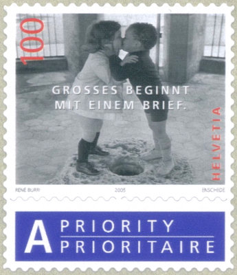 Item no. S60 (stamp)
Type: stamp
Country: Switzerland
Date of issue: 3 January 2005
Catalog number: Scott 1198a (of 1198a-d)
Stamp (a) belonging to a set of four stamps. Alike the others it shows photograph by Swiss photographer RENÉ BURRI (b. 1933). The photograph is entitled Children kissing and bears overprinted inscription (in German) propagating letter writing.
Item_no._s60__stamp_.jpg